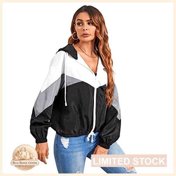 Color Block Hooded Windbreaker Jacket Casual Thin Soft Oversized Y2K - Picture 4 of 5